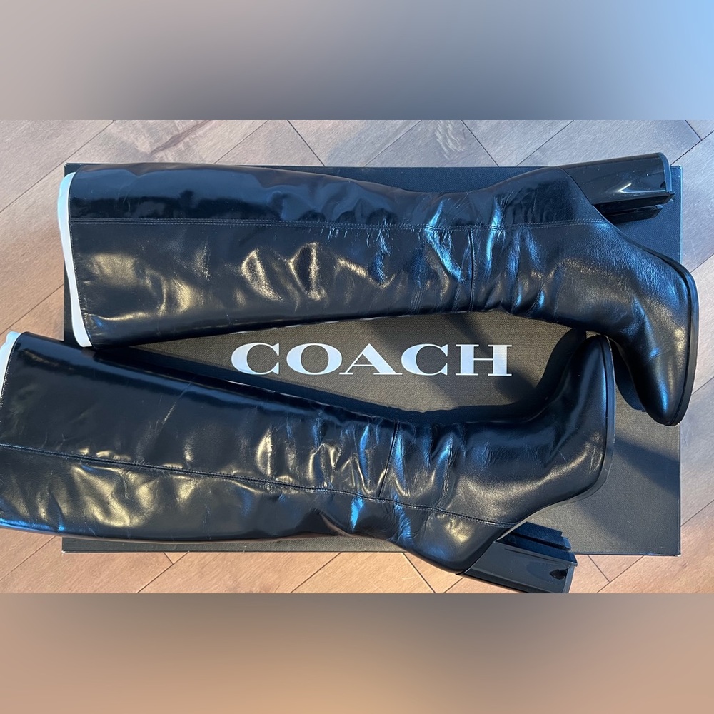 Coach Black Leather Knee-High Heeled Boots with Side Zip. - Picture 8 of 10
